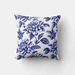 Blauw en wit Dahlia Bloemen Toile de Jouy Kussen