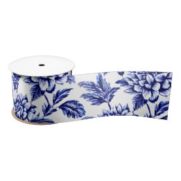 Blauw en wit Dahlia Bloemen Toile de Jouy Lint