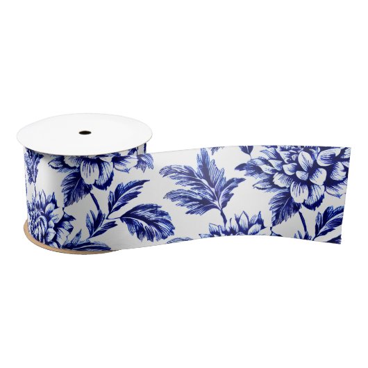 Blauw en wit Dahlia Bloemen Toile de Jouy Lint (Spoel)