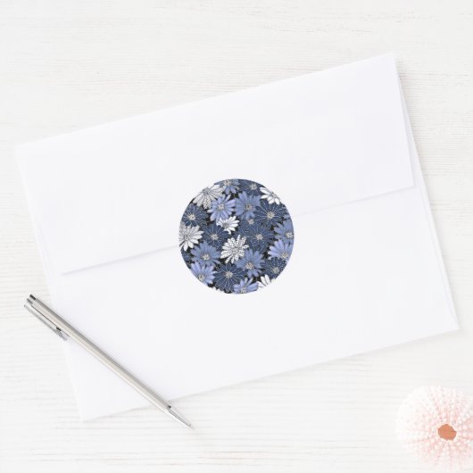 Blauw en Wit Daisy Patroon Ronde Sticker (Envelop)