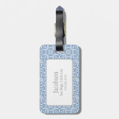 Blauw en wit Damask Monogram Bagagelabel (Achterkant verticaal)