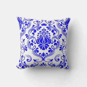 Blauw en Wit Damast Bloempatroon Elegant Kussen