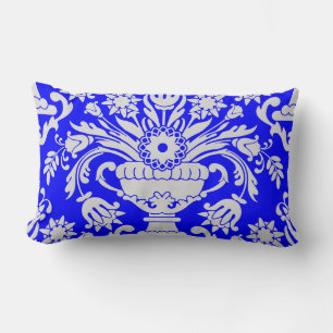 Blauw en Wit Damast Bloempatroon Elegant Kussen