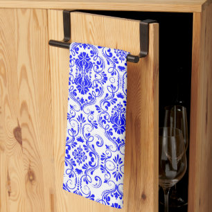 Blauw en Wit Damast Bloempatroon Elegant Theedoek