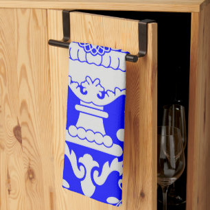 Blauw en Wit Damast Bloempatroon Elegant Theedoek