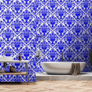 Blauw en Wit Damast Bloemschil en stok Behang