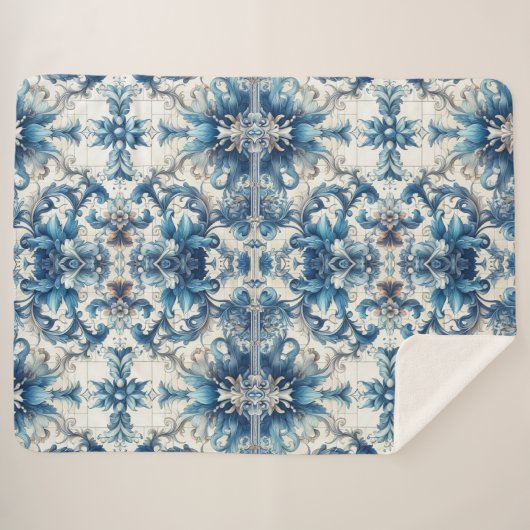 Blauw en wit decoratief blad sherpa deken (Voorkant (horizontaal))