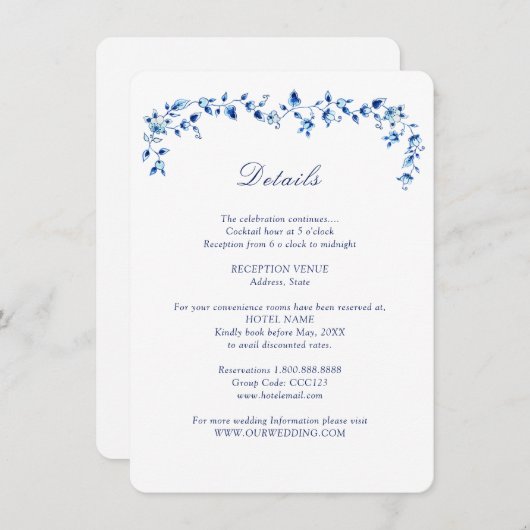 Blauw en wit Delft Huwelijksdetails Informatiekaartje (Voorkant / Achterkant)