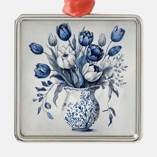 Blauw en wit Delft stijl tulp boeket ontwerp Metalen Ornament (Voorkant)