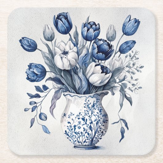 Blauw en wit Delft stijl tulp boeket ontwerp Vierkante Kartonnen Onderzetter (Voorkant)