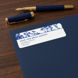 Blauw en wit Delfts bloemrand retouradres Etiket