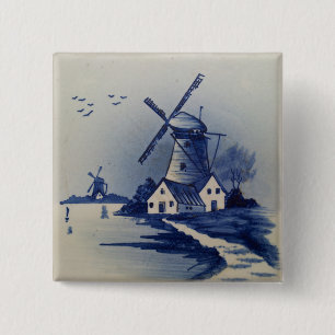 Blauw en wit Delfts kunstwerk schilderij uit het v Vierkante Button 5,1 Cm