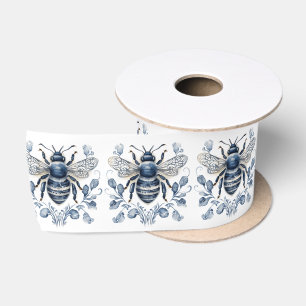 Blauw en wit Delfts stijl bijenontwerp met bloemen Lint