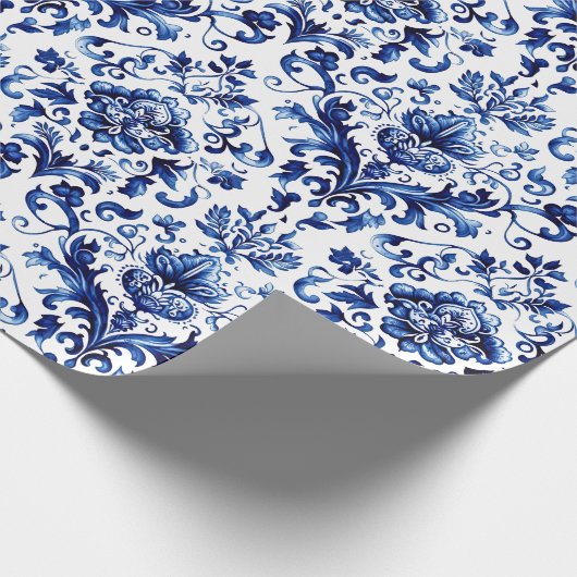Blauw en wit Delfts stijl bloemenpatroon van ornam Cadeaupapier (Hoek)