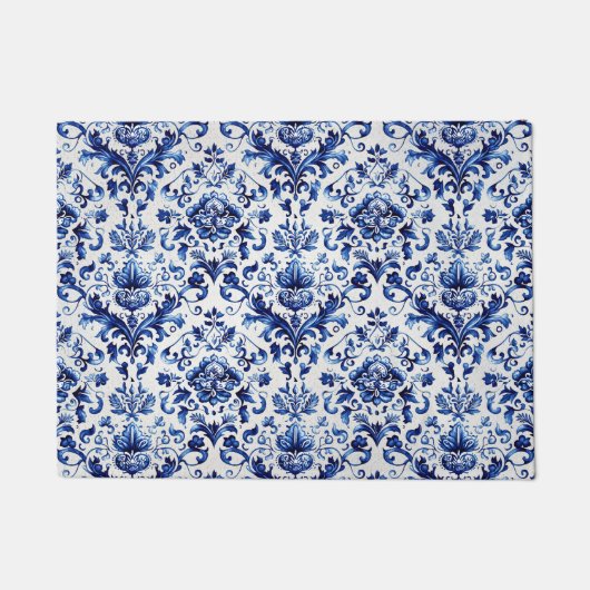 Blauw en wit Delfts stijl bloemenpatroon van ornam Deurmat (Voorkant)