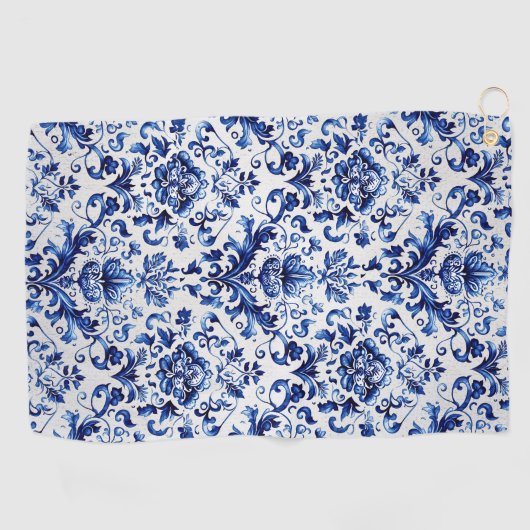 Blauw en wit Delfts stijl bloemenpatroon van ornam Golfhanddoek (Horizontaal)