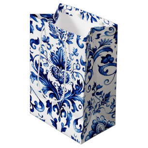 Blauw en wit Delfts stijl bloemenpatroon van ornam Medium Cadeauzakje