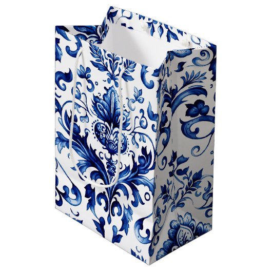 Blauw en wit Delfts stijl bloemenpatroon van ornam Medium Cadeauzakje (Voorkant Gekanteld)