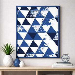 Blauw en wit driehoekig ontwerp met verfspatten poster