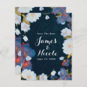 Blauw en wit Elegant modern Floral sparen de Datum Aankondigingskaart (Voorkant / Achterkant)