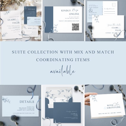 Blauw en wit Elegant QR-code RSVP Weddenschap Informatiekaartje