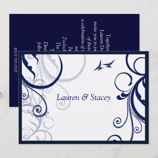 Blauw en wit, Elegant Wedding Invitation Kaart (Voorkant / Achterkant)