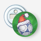 Blauw en wit feestelijk Voetbal op groen Button Flesopener (Voorkant)
