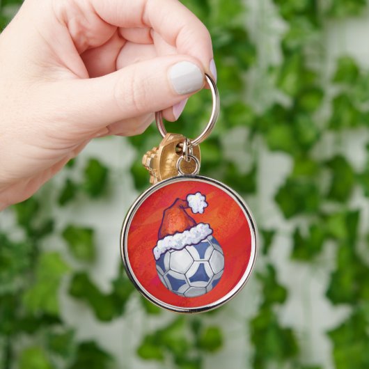 Blauw en wit feestelijk Voetbal op rood Sleutelhanger (Hand)