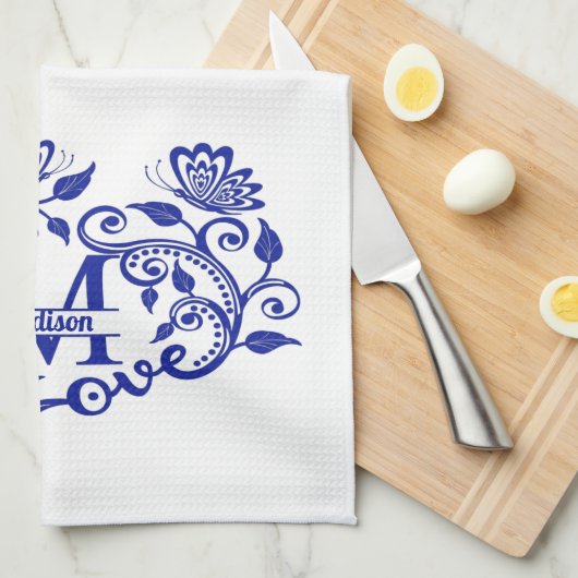 Blauw en wit Floral Monogram M Theedoek (Quarter Fold)