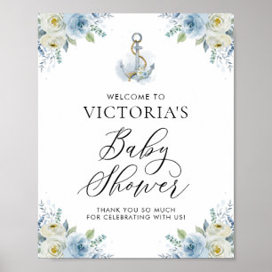 Blauw en wit Floral Nautical Baby shower Welkom Poster