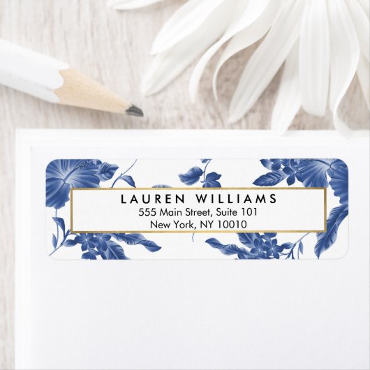 blauw en wit Floral Patroon Etiket (Insitu)