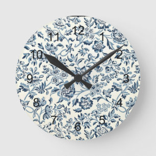  blauw en wit Floral Patroon Ronde Klok