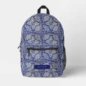 Blauw en wit Floral Pattern Bedrukte Rugzak (Voorkant)