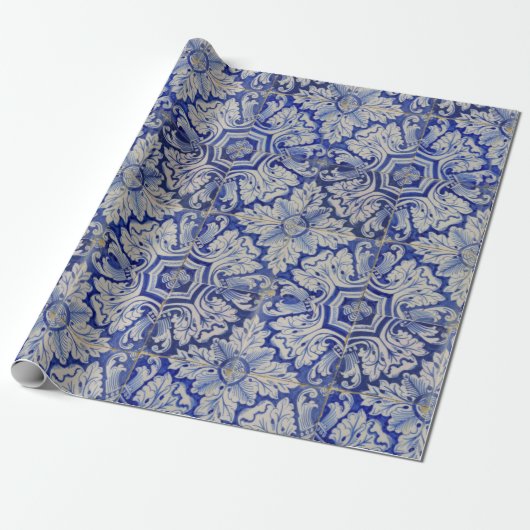 Blauw en wit Floral Pattern Cadeaupapier (Uitgerold)