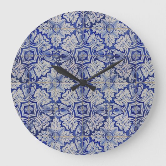 Blauw en wit Floral Pattern Grote Klok (Voorkant)