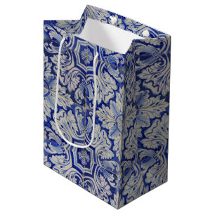 Blauw en wit Floral Pattern Medium Cadeauzakje