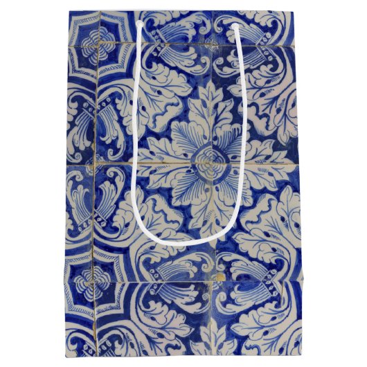 Blauw en wit Floral Pattern Medium Cadeauzakje (Achterkant)