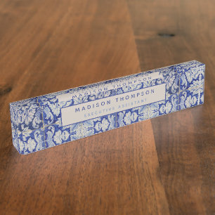 Blauw en wit  Floral Pattern Naambordje