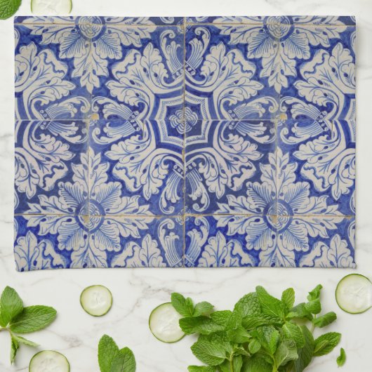 Blauw en wit Floral Pattern Theedoek (Gevouwen)