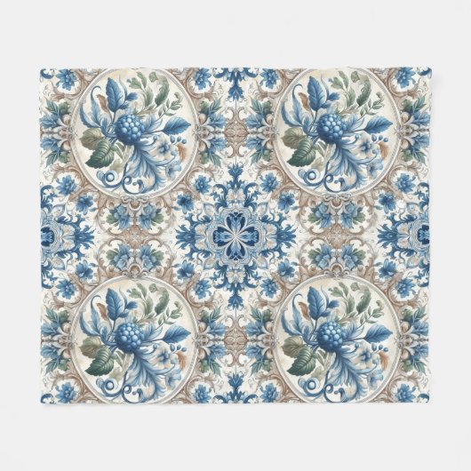 Blauw en Wit Foliage Design Fleece Deken (Voorkant (Horizontaal))