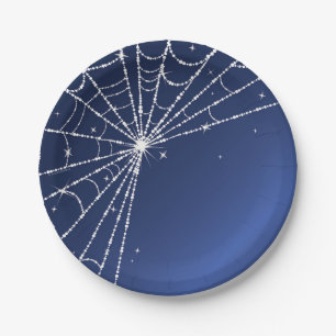 Blauw en wit fonkelend diamanten spinnenweb papieren bordje