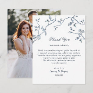 Blauw en wit Frans Toile Weddenschap plat Bedankkaart