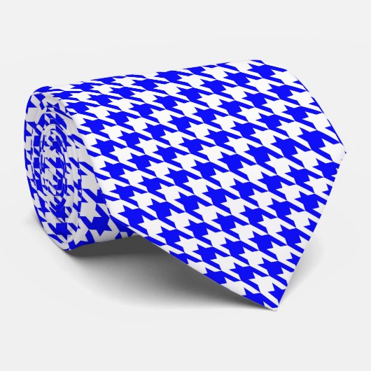 Blauw en Wit geometrisch Houndstooth patroon Stropdas (Opgerold)