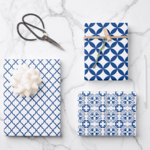 Blauw en wit geometrisch patroon  inpakpapier vel