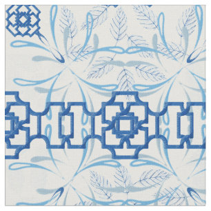 Blauw en Wit Geometrische Bloemen Stof