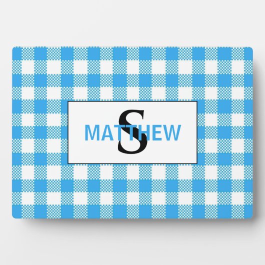 Blauw en wit geruit initiaal monogram met naam fotoplaat (voorkant)