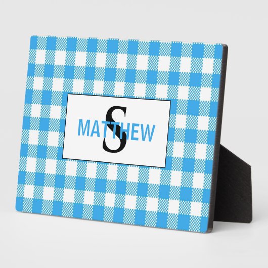 Blauw en wit geruit Initiaal Monogram w Naam Fotoplaat (Zijkant)