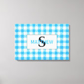 Blauw en Wit Geruit Initieel Monogram met Naam Canvas Afdruk (Voorkant)