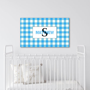 Blauw en Wit Geruit Initieel Monogram met Naam Canvas Afdruk