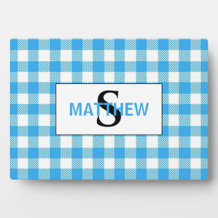 Blauw en Wit Geruit Initieel Monogram met Naam Fotoplaat